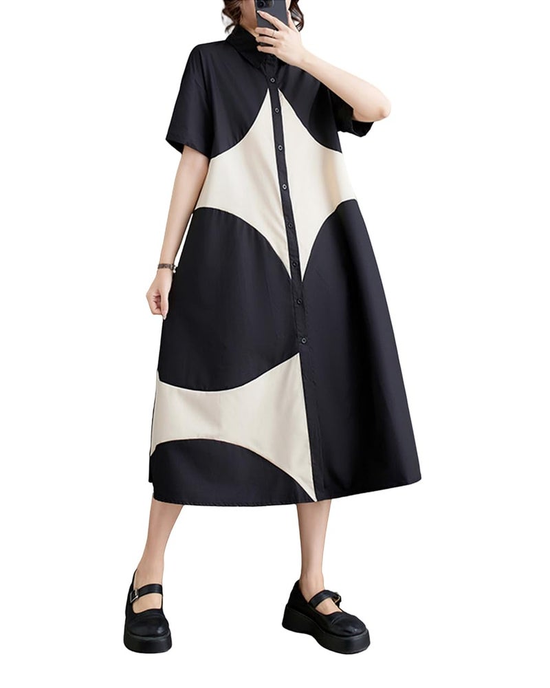 ellazhu Women's Short Sleeves Color Block Midi Length Button Down Shirt Dress GZ191 Black - Image 1