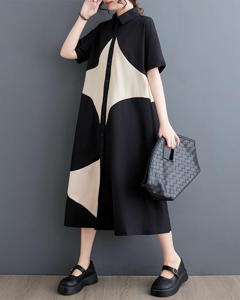 ellazhu Women's Short Sleeves Color Block Midi Length Button Down Shirt Dress GZ191 Black - Image 2