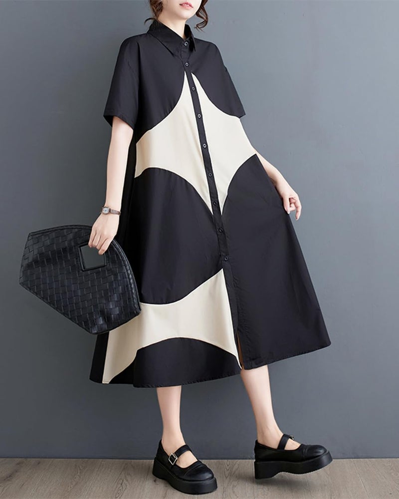 ellazhu Women's Short Sleeves Color Block Midi Length Button Down Shirt Dress GZ191 Black - Image 3