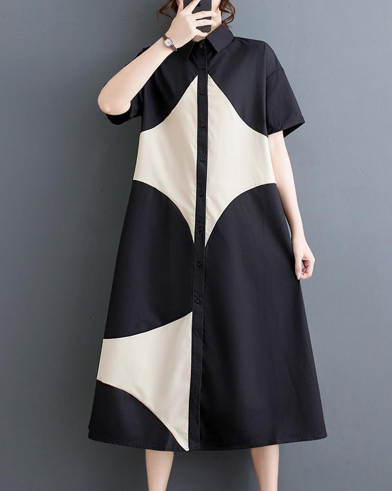 ellazhu Women's Short Sleeves Color Block Midi Length Button Down Shirt Dress GZ191 Black - Image 4