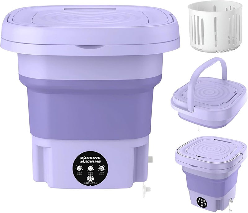 Portable Mini Folding Clothes Washing Machine Dryer, Bucket Automatic Home Travel Self-Driving Tour Underwear Foldable Washer(Purple) - Image 1