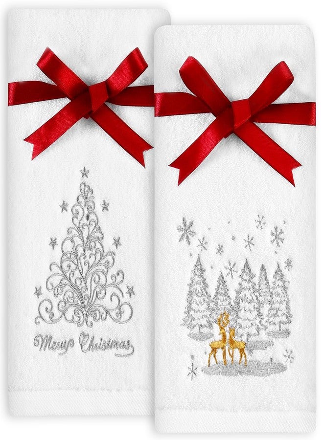 Quera 2 Pack Christmas Hand Towels, Winter Golden Reindeer Christmas Tree Embroidery Rustic Cabin Decor Bathroom Decorative Holiday Towels Gift Set 13.7'' x 29.5'' - Image 1