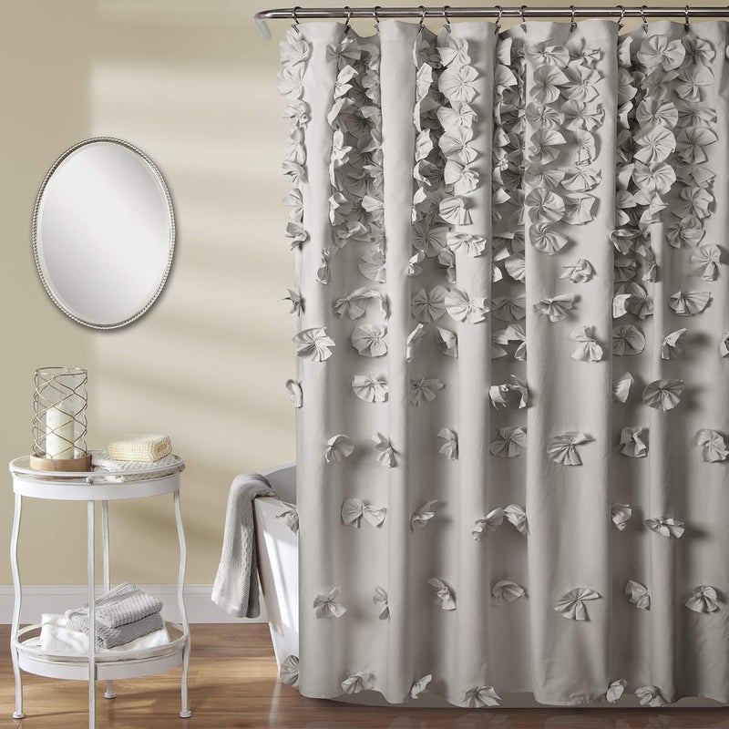 Lush Decor Riley Shower Curtain, 72" W x 72" L, Light Gray - Luxury Shower Curtain With Bows - Pretty Texture - Beautiful & Elegant Girly Bathroom Accessory - Romantic, Vintage Glam Bathroom Decor - Image 1