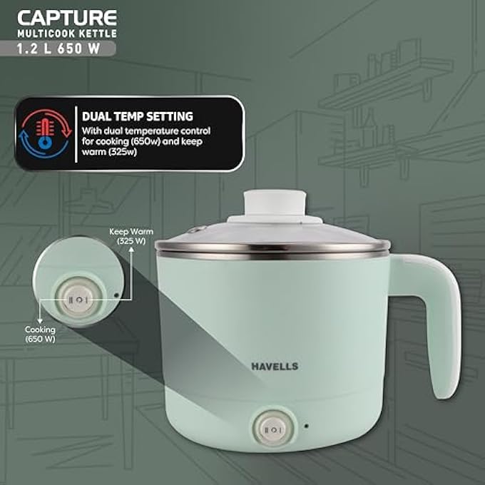 Havells Capture 12 L MultiCook Electric Kettle With Steamer  650W 304 Stainless Steel Inner BodyCooks Noodles Rice Milk  CoolTouch Body  2Year Warranty Green - Image 3