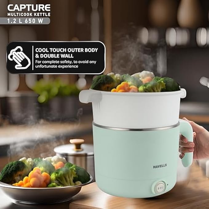 Havells Capture 12 L MultiCook Electric Kettle With Steamer  650W 304 Stainless Steel Inner BodyCooks Noodles Rice Milk  CoolTouch Body  2Year Warranty Green - Image 4