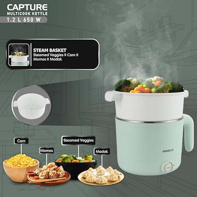 Havells Capture 12 L MultiCook Electric Kettle With Steamer  650W 304 Stainless Steel Inner BodyCooks Noodles Rice Milk  CoolTouch Body  2Year Warranty Green - Image 5