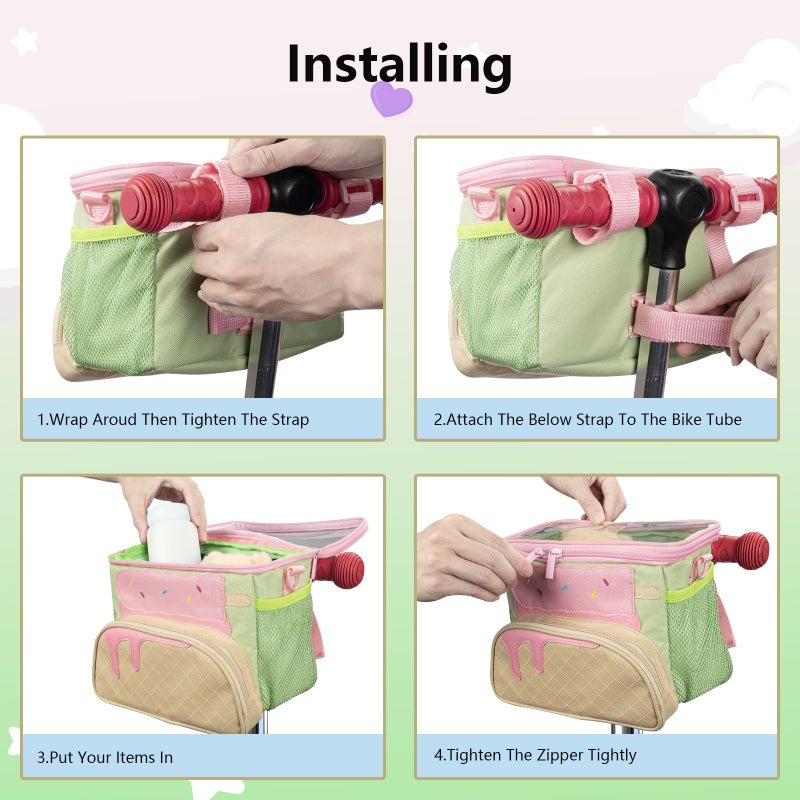 rolovee Kids Bike Basket Front 2-in-1 Boys & Girls Bike Accessories Ice Cream Design Tool-Free Install 600D Nylon Shoulder Bag Convertible Handlebar Bag & Crossbody Purse for Kids Bicycle/Ebike/Knee Scooter - Image 4