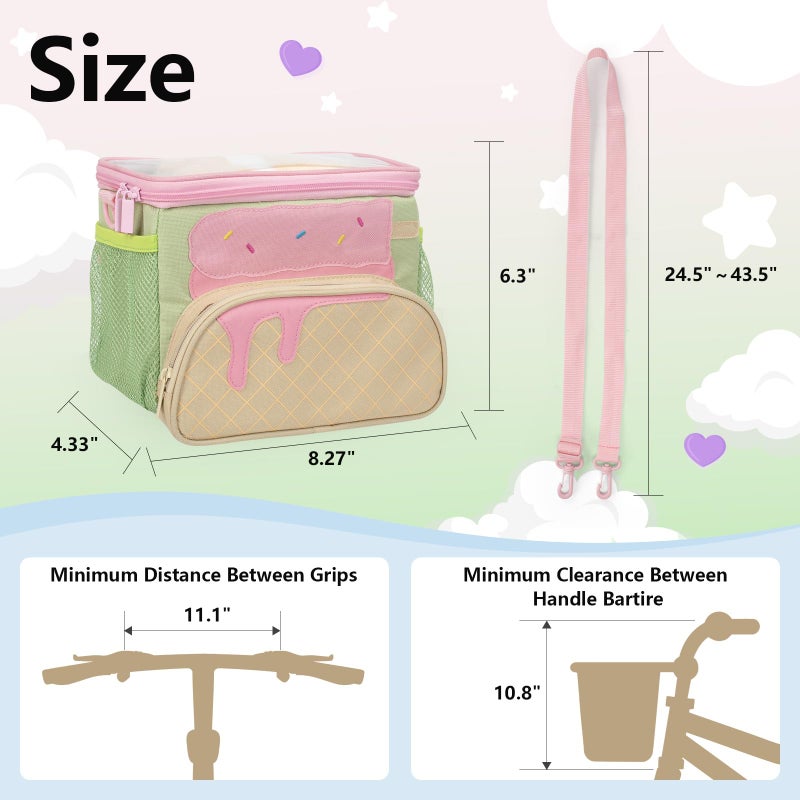 rolovee Kids Bike Basket Front 2-in-1 Boys & Girls Bike Accessories Ice Cream Design Tool-Free Install 600D Nylon Shoulder Bag Convertible Handlebar Bag & Crossbody Purse for Kids Bicycle/Ebike/Knee Scooter - Image 3
