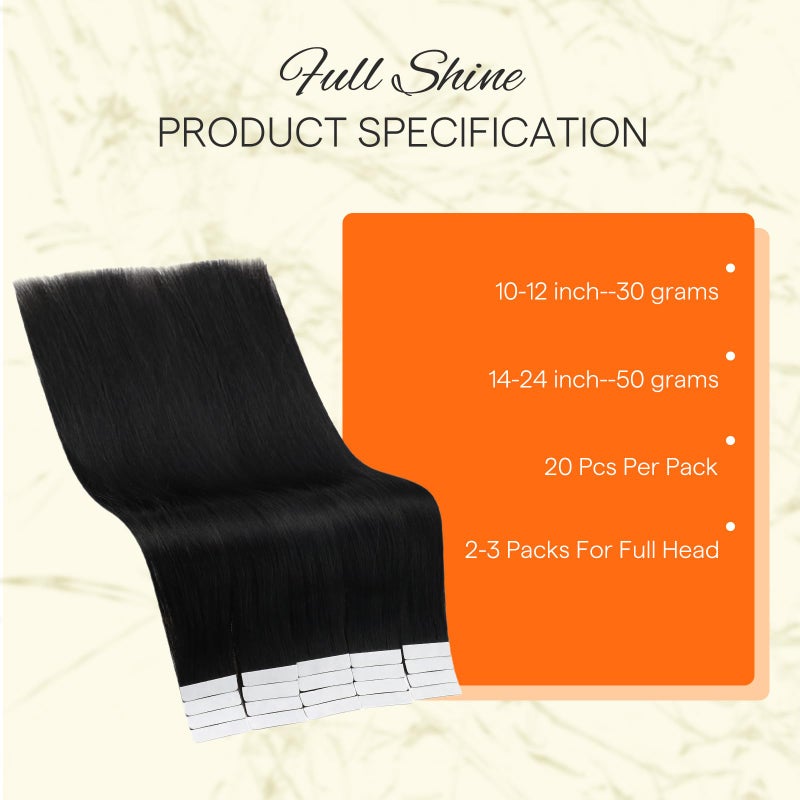 Fshine Full Shine Tape in Extensions Color 1 Jet Black Invisible Straight Remy Double Sided Hair Extensions Real Human Hair Tape in 12 Inch 30g Invisible Natural Soft and Silky 20PCS for Women - Image 3