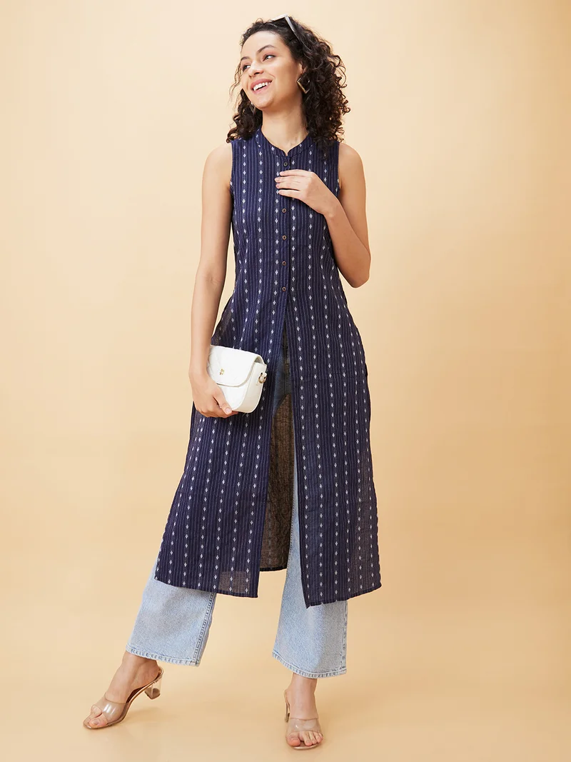 globus Women Navy Blue Striped Mandarin Collar Cotton Regular Kurta