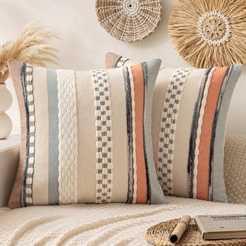 ANRODUO Pack of 2 Boho Decorative Throw Pillow Covers 18x18 Farmhouse Cushion Case Striped Chenille Pillow Cases Square Pillow Covers Accent Neutral Pillowcase for Sofa Couch Bed, Orange-Blue Stripe - Image 1