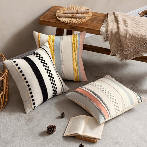 ANRODUO Pack of 2 Boho Decorative Throw Pillow Covers 18x18 Farmhouse Cushion Case Striped Chenille Pillow Cases Square Pillow Covers Accent Neutral Pillowcase for Sofa Couch Bed, Orange-Blue Stripe - Image 3