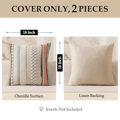 ANRODUO Pack of 2 Boho Decorative Throw Pillow Covers 18x18 Farmhouse Cushion Case Striped Chenille Pillow Cases Square Pillow Covers Accent Neutral Pillowcase for Sofa Couch Bed, Orange-Blue Stripe - Image 4
