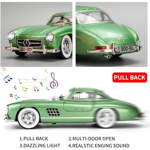 DEOXY Big 1:24 Vinatage Car Diecast Metal Vintage Toy Car 300 Sl Classic Toy Car for Kids Die Cast Car Light Sound Pullback Openable Door car Toy(300SLM Green) - Image 4