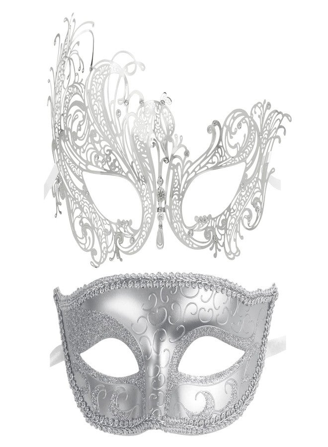 Coddsmz Couple Masquerade Mask Metal Masks Venetian Party Mask Halloween Costume Mask Mardi Gras Mask Party Evening Bar Prom Ball Mask Set for Women and Men Costumes Accessory (Silver+Silver) - Image 1