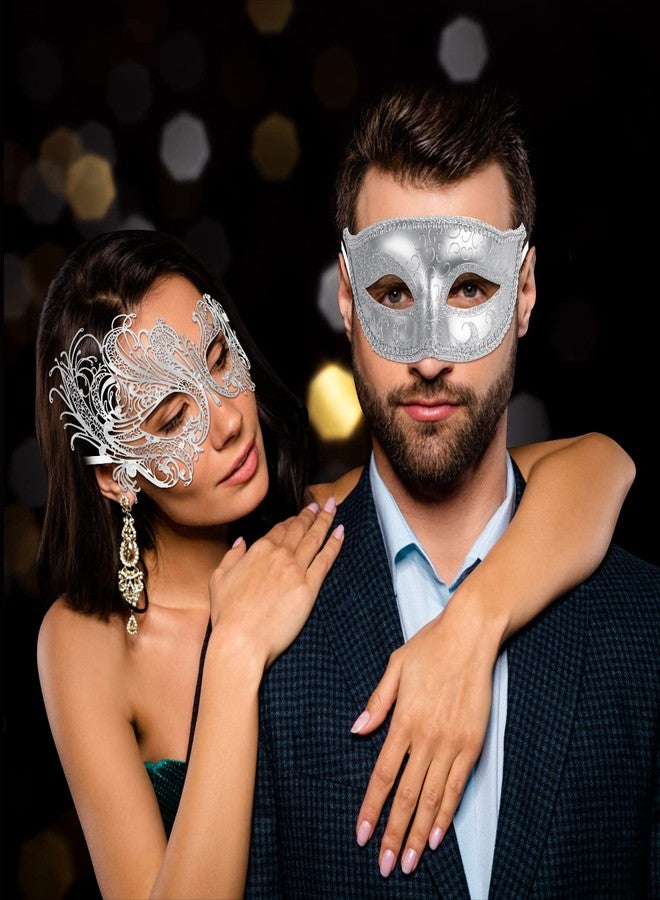 Coddsmz Couple Masquerade Mask Metal Masks Venetian Party Mask Halloween Costume Mask Mardi Gras Mask Party Evening Bar Prom Ball Mask Set for Women and Men Costumes Accessory (Silver+Silver) - Image 3