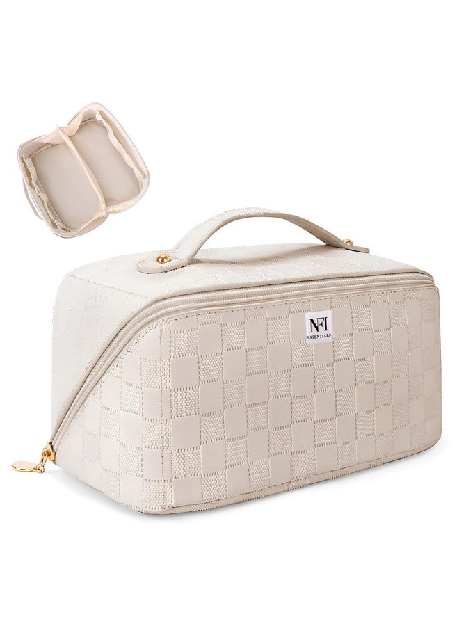 NFI essentials Cosmetic Travel Organizer Bag, Women's Makeup Pouch Toiletry Bag Portable Leather Wide Opening Cosmetics Bag with Handle and Divider - Image 1