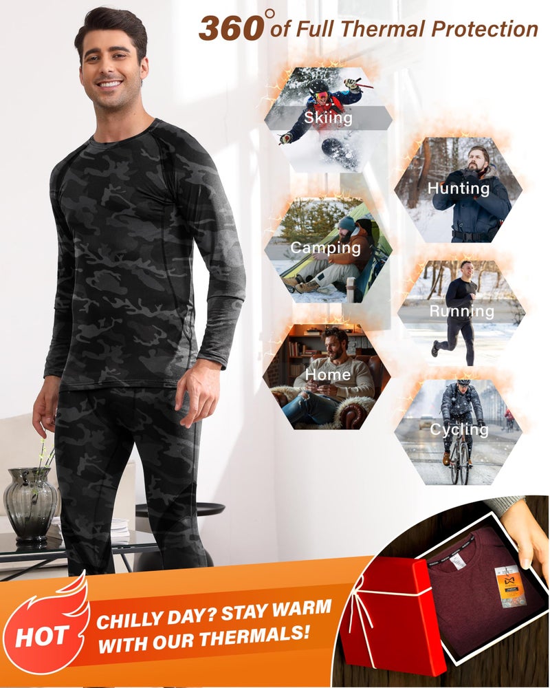 Muezna Men's Thermal Top and Bottom Set Underwear Long Johns Base Layer with Soft Fleece Lined - Grey Camo, Large - Image 5