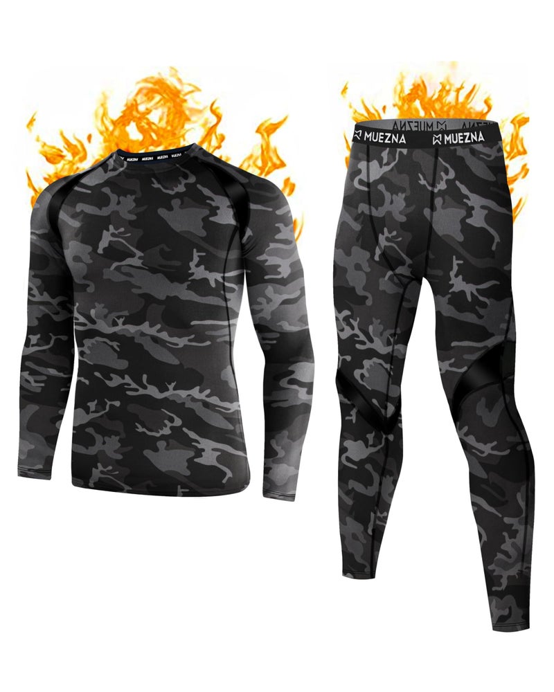 Muezna Men's Thermal Top and Bottom Set Underwear Long Johns Base Layer with Soft Fleece Lined - Grey Camo, Large - Image 1