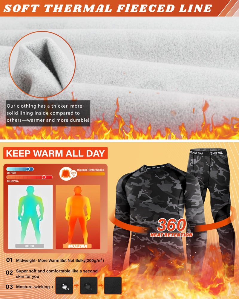 Muezna Men's Thermal Top and Bottom Set Underwear Long Johns Base Layer with Soft Fleece Lined - Grey Camo, Large - Image 2