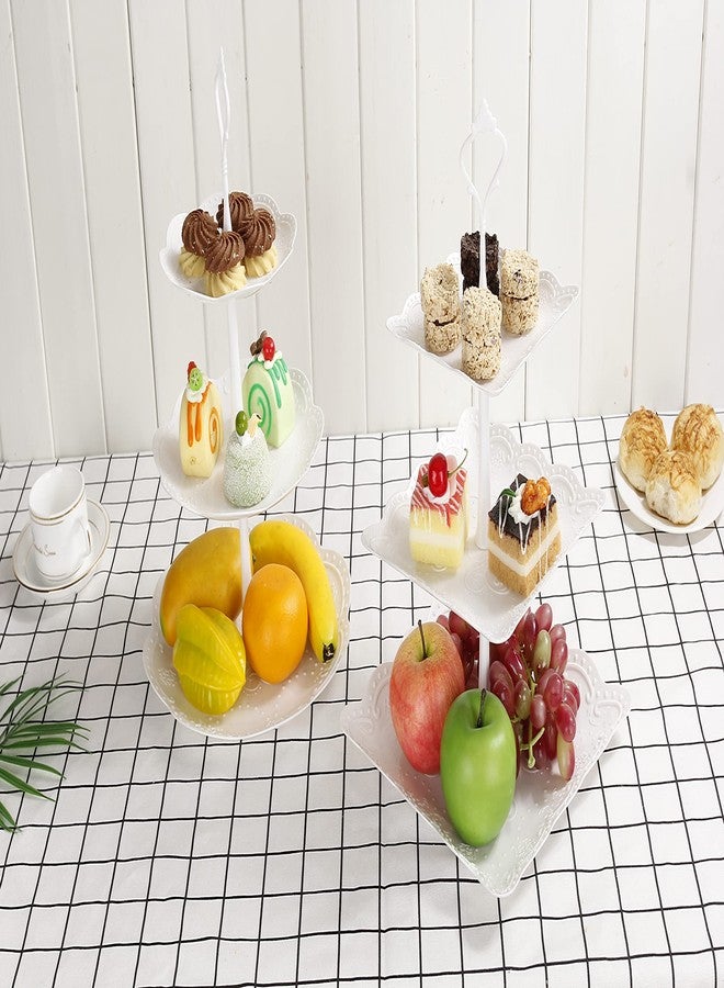 Chneeu 2 Set 3-Tier White Dessert Cake Stand, Plastic Pastry Stand Small Cupcake Stand Cookie Tray Rack Candy Buffet Set Up Fruit Plate and Trays for Wedding Home Birthday Party Decor Serving Platter - Image 4