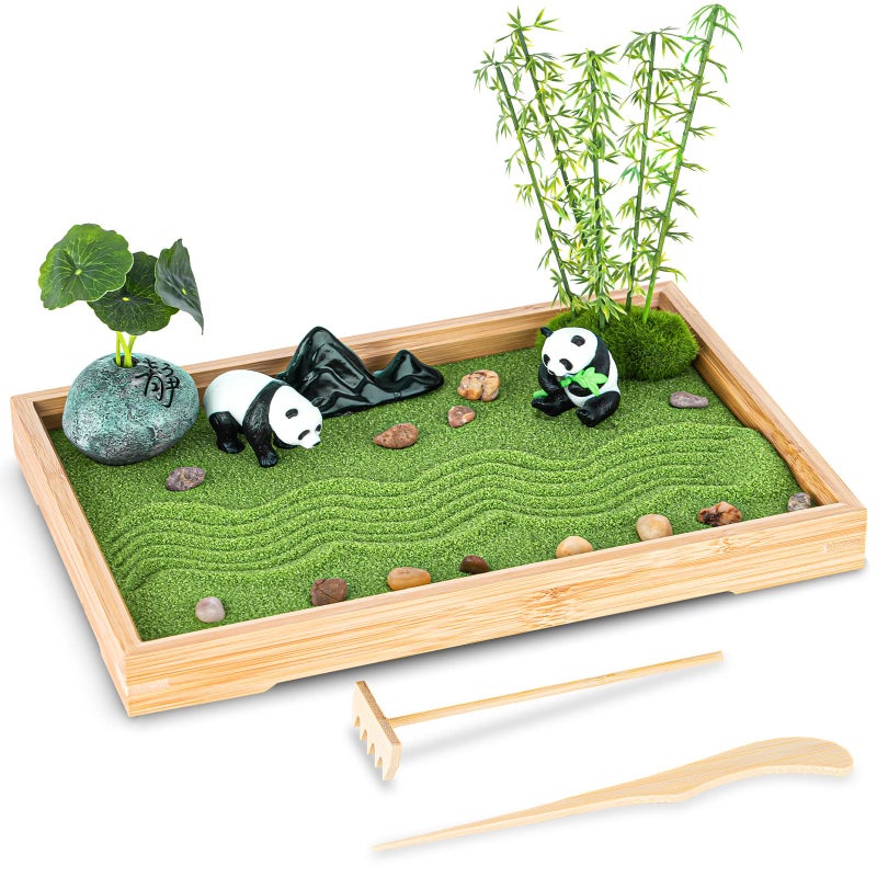 NIUBBI Zen Garden Kit for Desk 11x75 Room Decor with Green Sand Panda Decorative Ornaments Haystack Ceramic Mountain Stones and Rakes Panda Bamboo - Image 2
