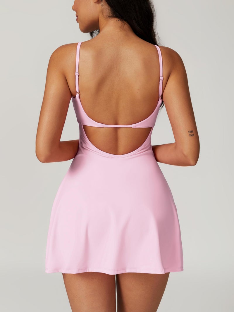 ABOCIW Athletic Dress for Women Spaghetti Strap Backless Side Slit Tennis Dress Square Neck Exercise Workout Golf Active Dress Pink Small - Image 2