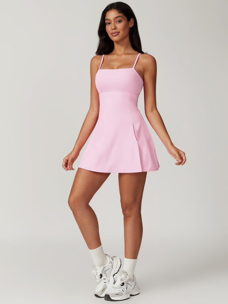 ABOCIW Athletic Dress for Women Spaghetti Strap Backless Side Slit Tennis Dress Square Neck Exercise Workout Golf Active Dress Pink Small - Image 5