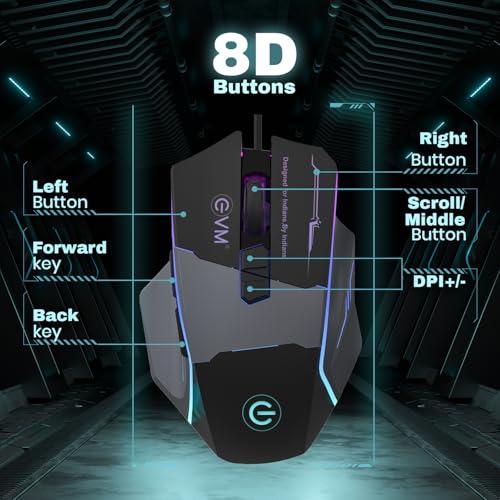 EVM M06087 Wired Gaming Optical Mouse |8 Buttons, 6400 DPI Adjustable | Rainbow RGB Backlit |1.5m Braided Cable, Ergonomic Rubber Grip, USB | 1 Year Warranty (EVM-M06087) - Image 2