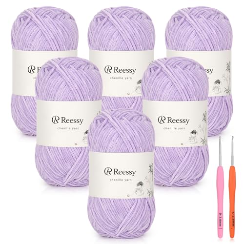 Reessy Skinny Chenille Yarn for Crocheting - 6 Pack of 50g/158yd (948yd Total) - Soft Matte Thin Chenille CYC #2 - Fine Weight Baby Yarn for Plush Toys, Baby Blankets & Small Crafts(Light Purple) - Image 1