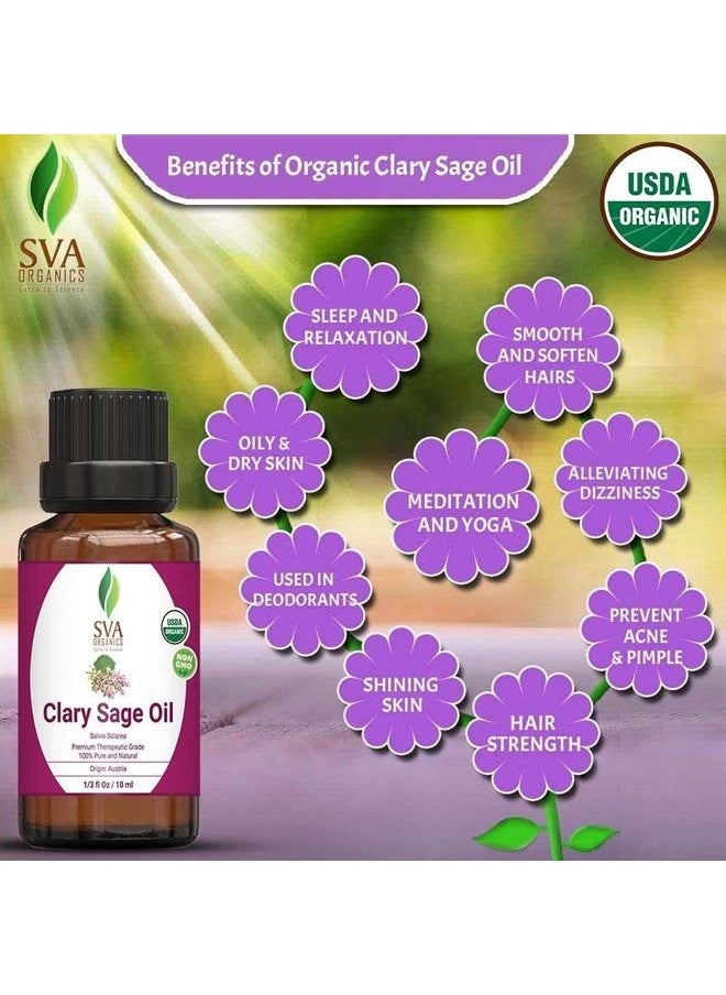 SVA Organics - USDA Certified Organic Clary Sage Oil - 100% Pure Natural Premium by SVA Organics - Therapeutic Grade,Stress Relief Antioxidants, Tighten up Loose Skin (1/3 Oz)) Improved Digestion - Image 1