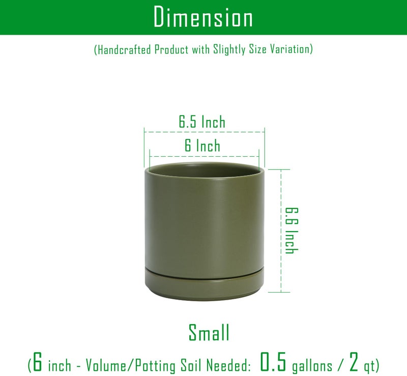 D'vine Dev 6.5 Inch Ceramic Planter Pot with Drainage Hole and Saucer, Indoor Cylinder Round Planter Pot, Olive, 94-O-C-J - Image 3
