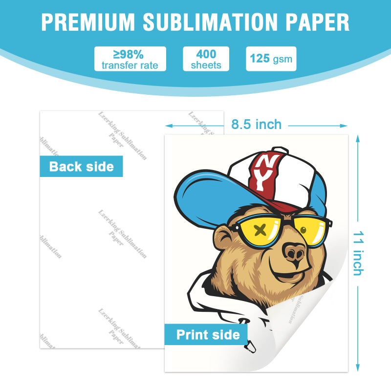 Lzerking Sublimation Paper 8.5x11 Inch 125gsm 400 Sheets, Heat Transfer Paper for Inkjet Printers - Ideal for Various Coatings, DIY Projects, T-Shirts, Phone Cases, Mugs - Image 2