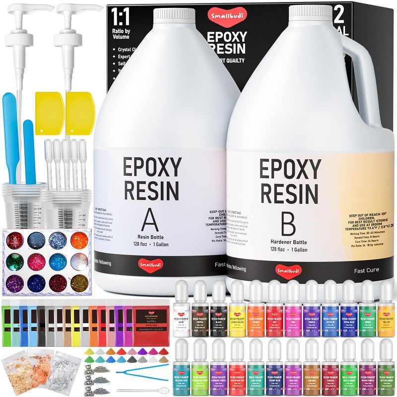 Smallbudi 2 Gallon Epoxy Resin Kit with Pump, Resin Pigment, Mica Powder, Gold Foil, Cups & Stick, Crystal Clear Resin Beginner Supplies for Coating Casting Table,Molds,Jewelry Making, DIY Art Craft - Image 1