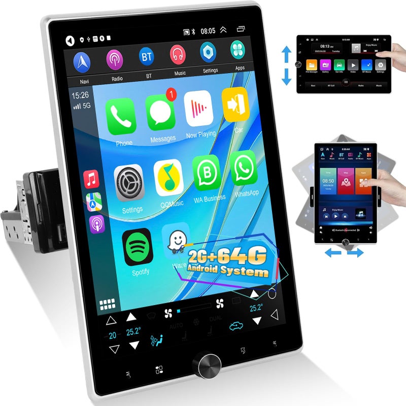 EKAT 2G64G Single Din Android Car Stereo 104 inch Rotatable Vertical Touch Screen Radio with Wireless Carplay Android AutoEQ AudioBluetoothSWCFM RDS - Image 2