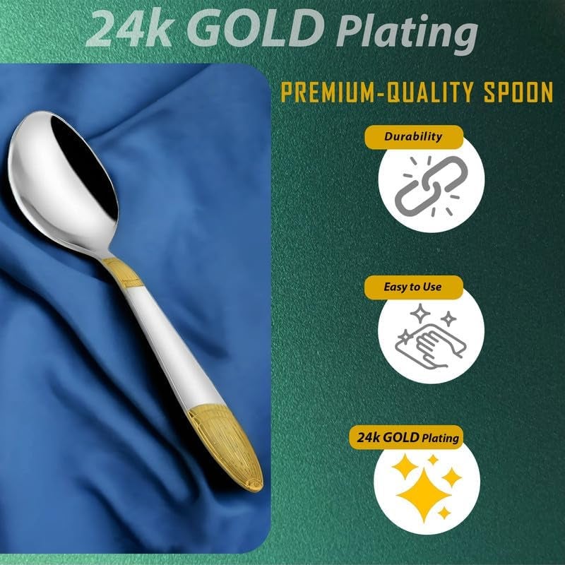 Parage 6 Pieces Stainless Steel 24k Golden Dinner Spoons Set, 16 cm Premium Spoons for Home & Kitchen, Luxury Dining Tableware Gift for House Warming,24 Karat Gold Plated Cutlery, Ivory Design - Image 4