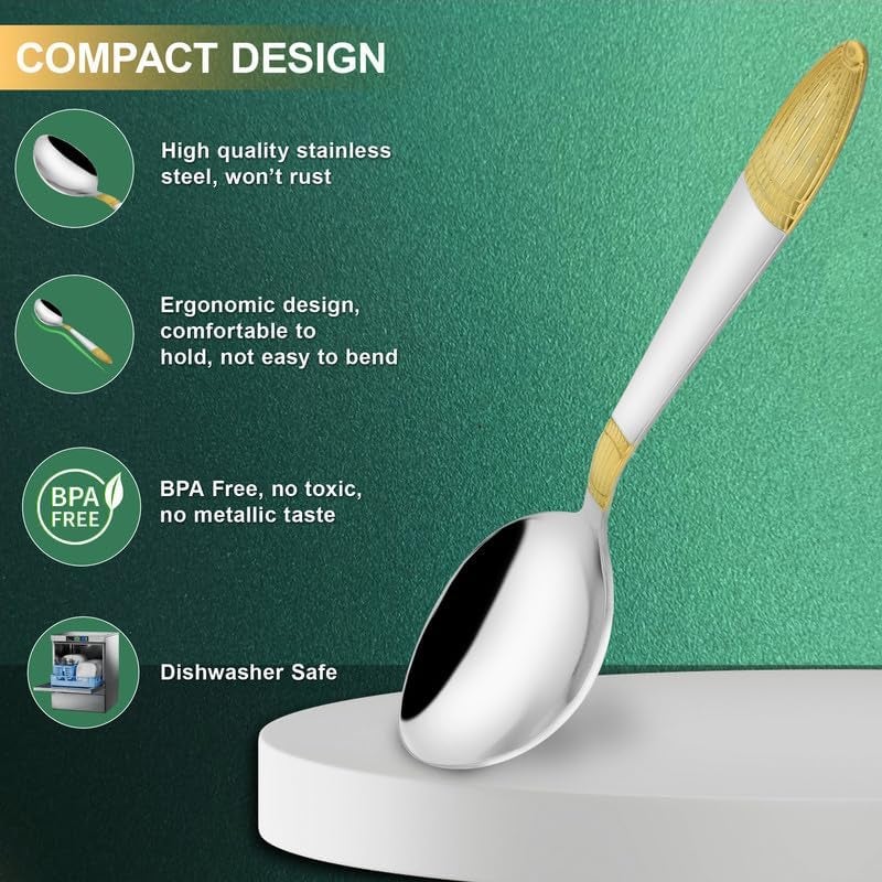 Parage 6 Pieces Stainless Steel 24k Golden Dinner Spoons Set, 16 cm Premium Spoons for Home & Kitchen, Luxury Dining Tableware Gift for House Warming,24 Karat Gold Plated Cutlery, Ivory Design - Image 3