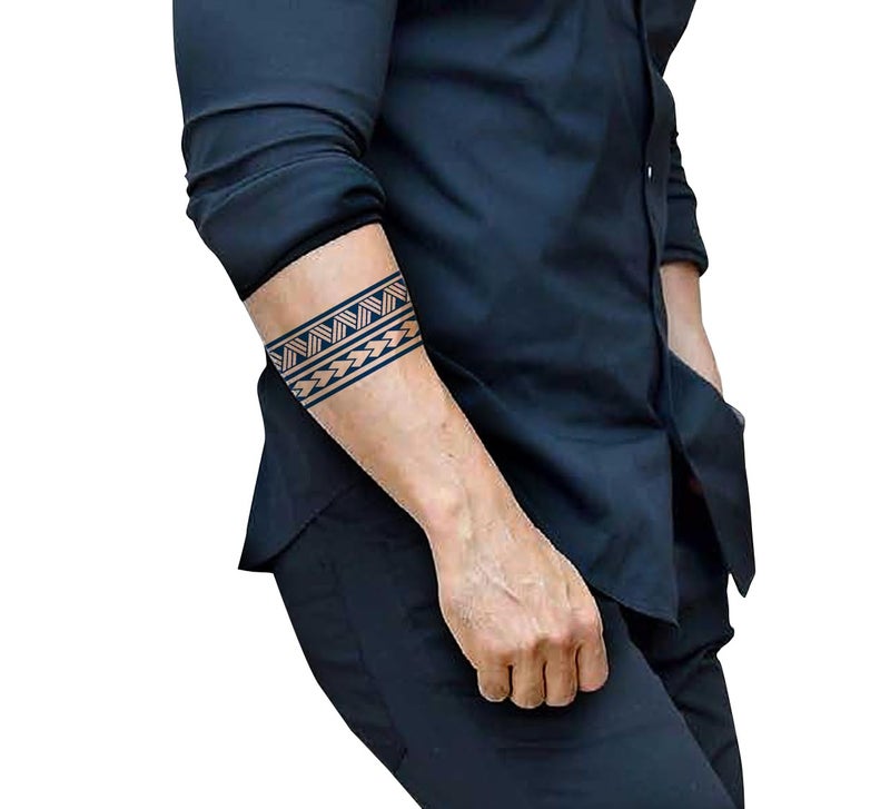 Semipermanent Temporary Tattoo Stickers 2025 days Lifespan For Men Women Boys Girls Waterproof 3D Realistic Arm Band Hand Compass Tatto Sticker Blue Coloured Temp Watertransfer Tribal Armband Temporary Tattoo Blue Geometric Pattern Unisex Size24X63cm GZBH034 - Image 2
