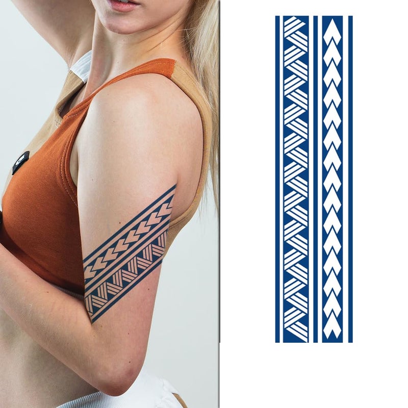 Semipermanent Temporary Tattoo Stickers 2025 days Lifespan For Men Women Boys Girls Waterproof 3D Realistic Arm Band Hand Compass Tatto Sticker Blue Coloured Temp Watertransfer Tribal Armband Temporary Tattoo Blue Geometric Pattern Unisex Size24X63cm GZBH034 - Image 3