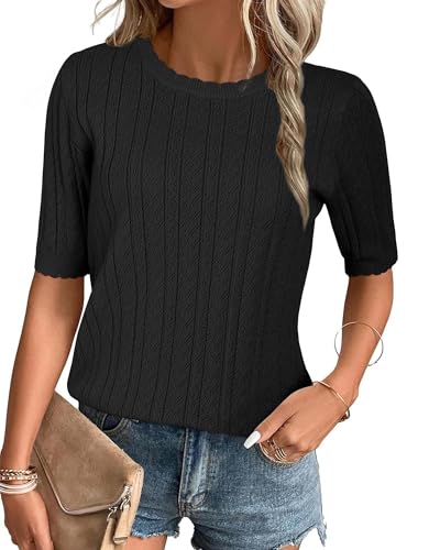 Arach&Cloz Womens Summer Fall Sweater 2025 Tops Business Trendy Dressy Short Sleeve Casual Blouses Outfits Crew Neck Fashion Lightweight Knit Pullover Cute Shirts Western Vacation Resort Wear Black - Image 5