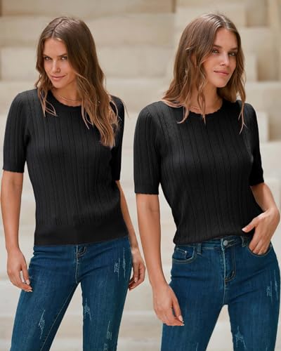 Arach&Cloz Womens Summer Fall Sweater 2025 Tops Business Trendy Dressy Short Sleeve Casual Blouses Outfits Crew Neck Fashion Lightweight Knit Pullover Cute Shirts Western Vacation Resort Wear Black - Image 4