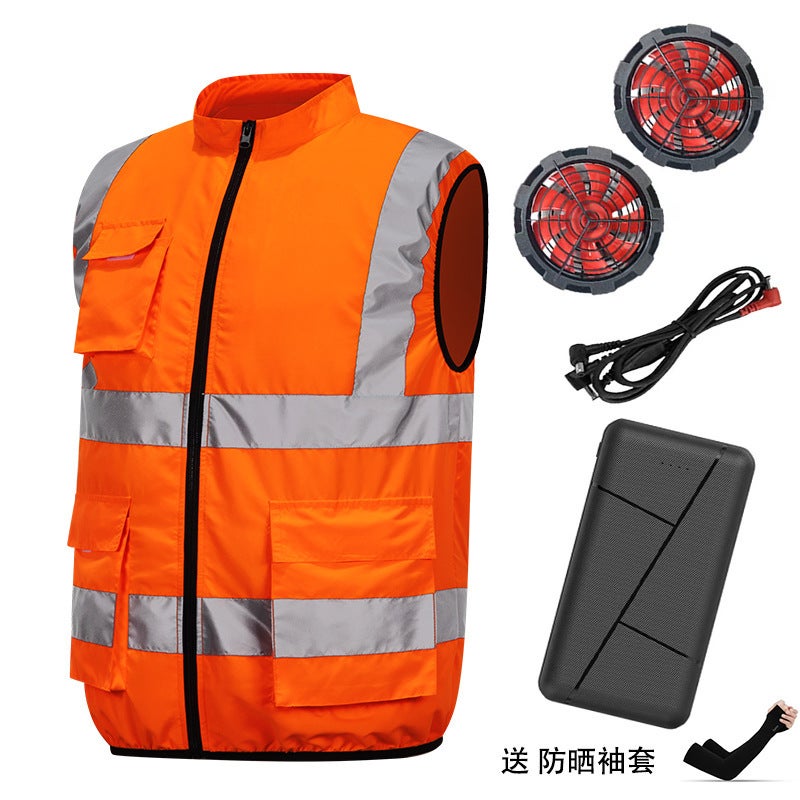Outdoor Reflective Work Clothes, Summer Clothes with Fans, Mens and Womens Same Style Cooling and Heatstroke Prevention Labor Protection Workwear Vests Orange +12v fan + power bank