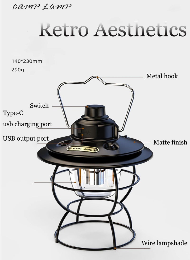 Led Portable Retro Camping Lantern Rechargeable Metal Handle Flashlight Vintage Warm White Light Outdoor Hanging Tent Light - Image 2