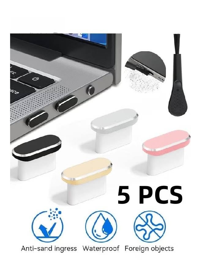 5 Pcs USB C Dust Plug - Type C Anti Dust Plug Cover Charging Port Protector Cap with Cleaning Brush - for iPhone 15/16 Series, Samsung Galaxy S25/S24/S23, Note 20/10, All USB C Devices - Rose Gold/Gold/Silver/Black - Image 1