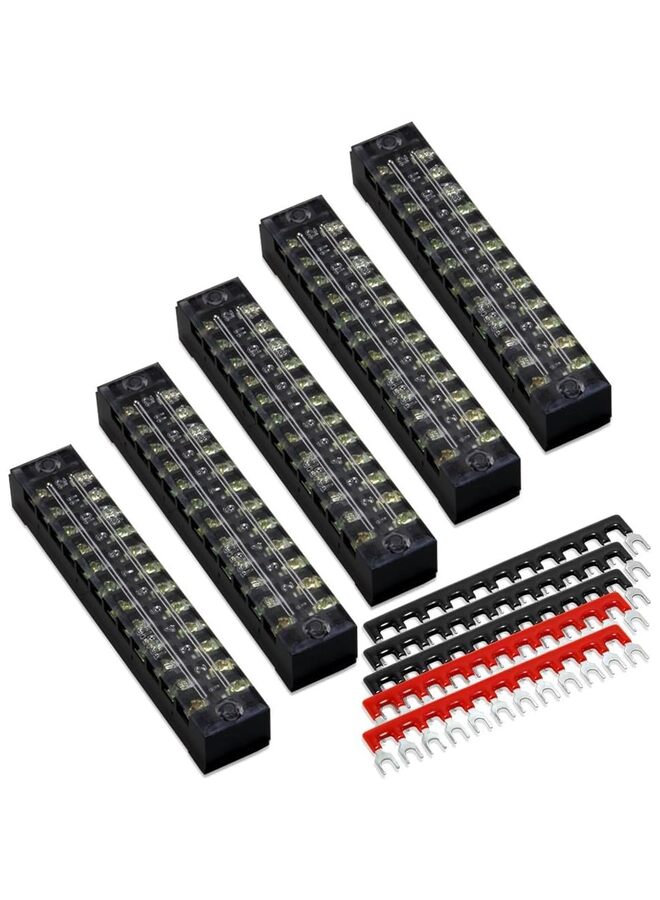 12 موضعًا مزدوج الصف 600 فولت 15 أمبير شرائط طرفية لولبية مع غطاء - 5 مجموعات، 10 قطع + شريط حاجز معزول مسبقًا (أسود وأحمر) - Image 1