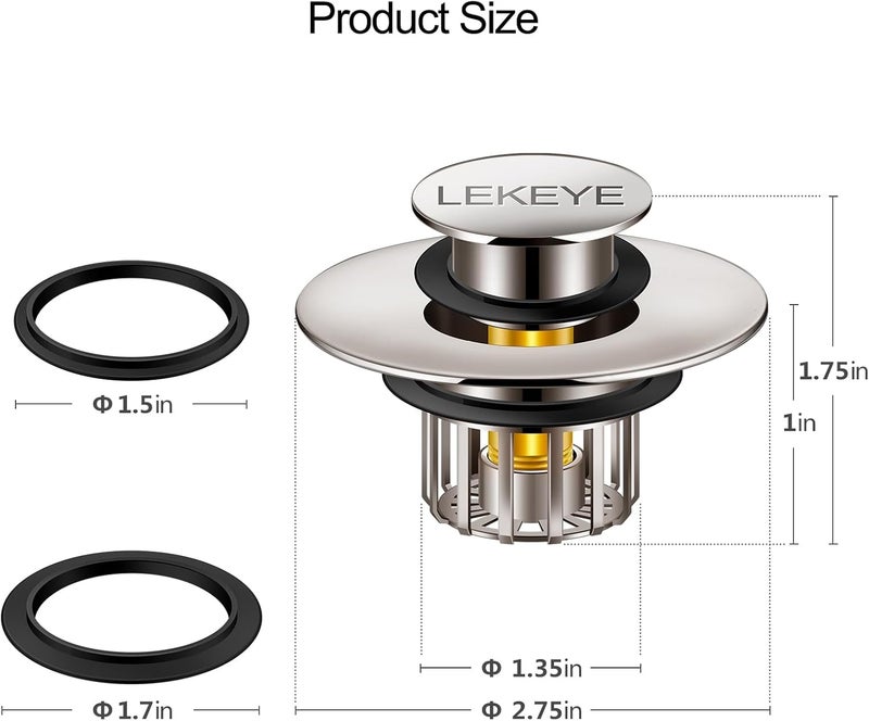 LEKEYE Tub Stopper | Shower Drain Hair Catcher | Pop-up Drain Stopper with Strainer | Bathroom Bathtub Plug | Drain Protector for 1-1/2 to 1-3/4" Bath Drain Hole - Brushed Nickel - Image 2
