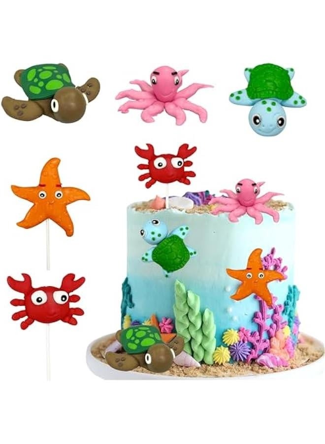 Sea Cake Toppers, 5pcs Ocean Themed Cake Topper Set, Baby Shower Party Supplies, Handcrafted Clay, 2in Tall, Set of 5, Blue, Green, Red, Yellow, Starfish, Turtle, Crab, Octopus - Image 1