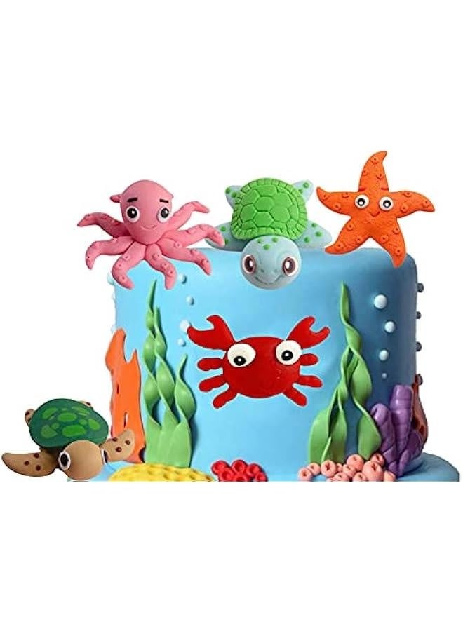 Sea Cake Toppers, 5pcs Ocean Themed Cake Topper Set, Baby Shower Party Supplies, Handcrafted Clay, 2in Tall, Set of 5, Blue, Green, Red, Yellow, Starfish, Turtle, Crab, Octopus - Image 3