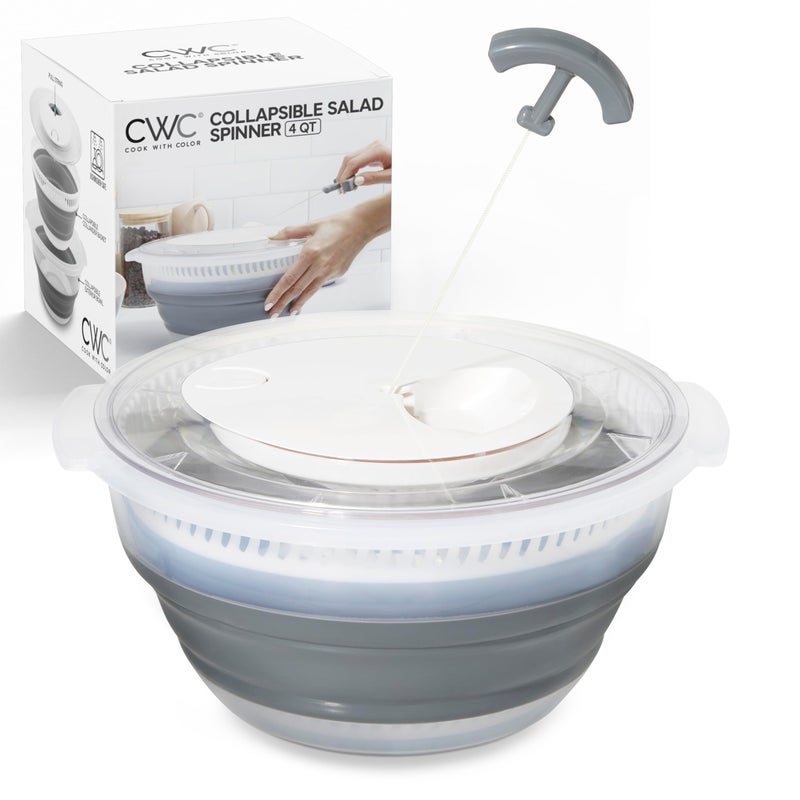 COOK WITH COLOR Collapsible Salad Spinner  4 QT Space Saving Lettuce Dryer with Folding Collapsible Colander Great for Washing and Drying Fruit and Vegetables Grey