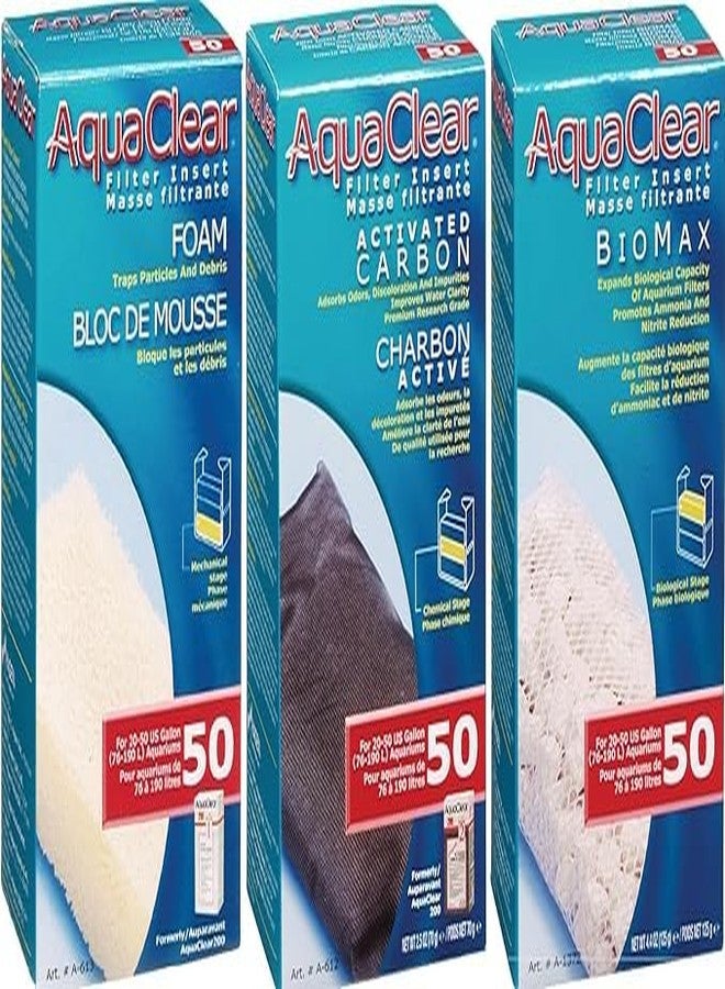 AquaClear Fluval 50 Maintenance Kit Hang on Back Aquarium Filter Aqua Clear AC50 Carbon Foam Biomax 3 Month Supply